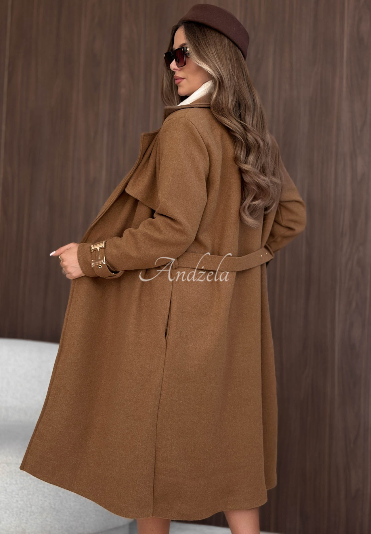 Hazel Heart Long Coat with Belt in Camel