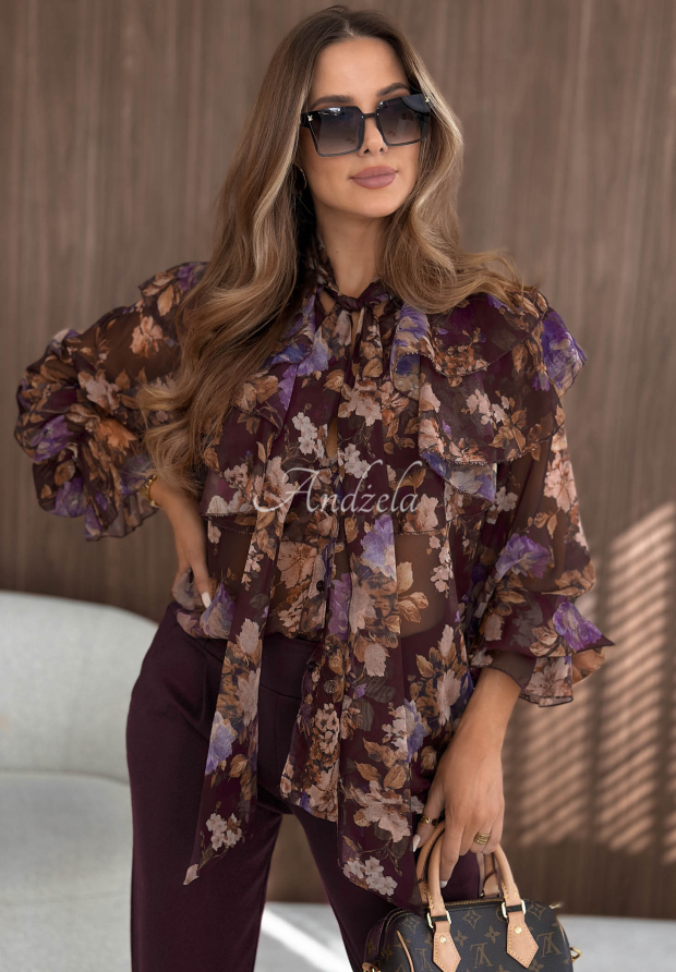 Dusky Bloom Berry-Colored Floral Shirt with Ruffles and a Tie