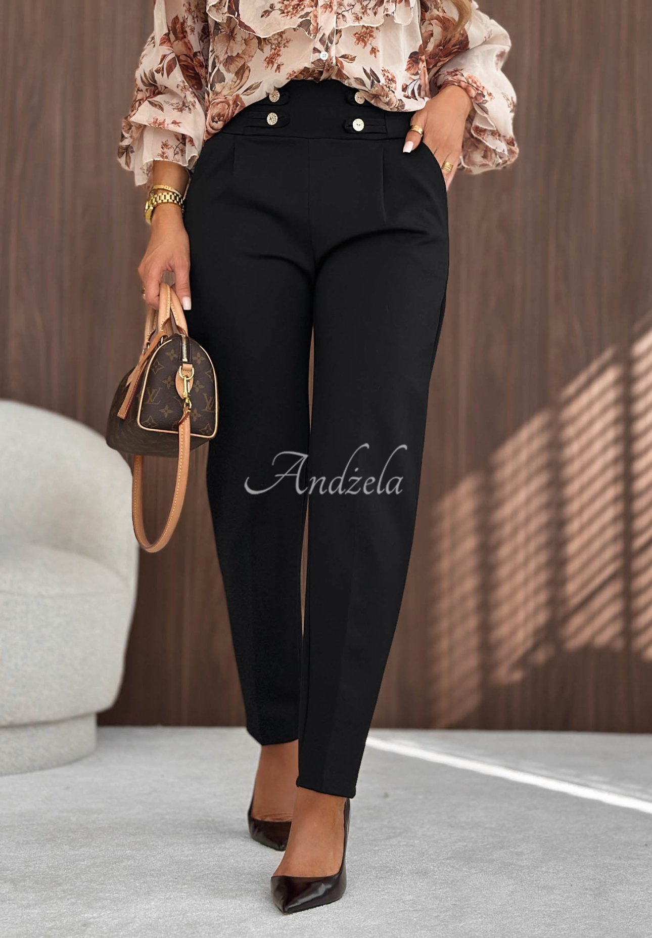 Gentle Elegance Black Viscose Cigarette Pants with Buttons