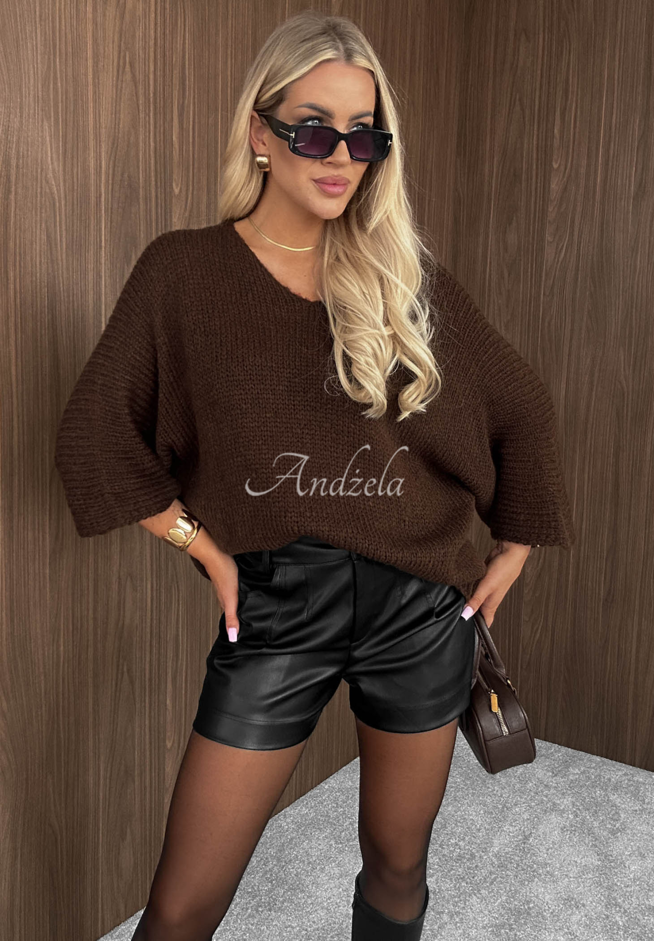 Warm Affair Oversized Sweater with Neckline, Chocolate Brown