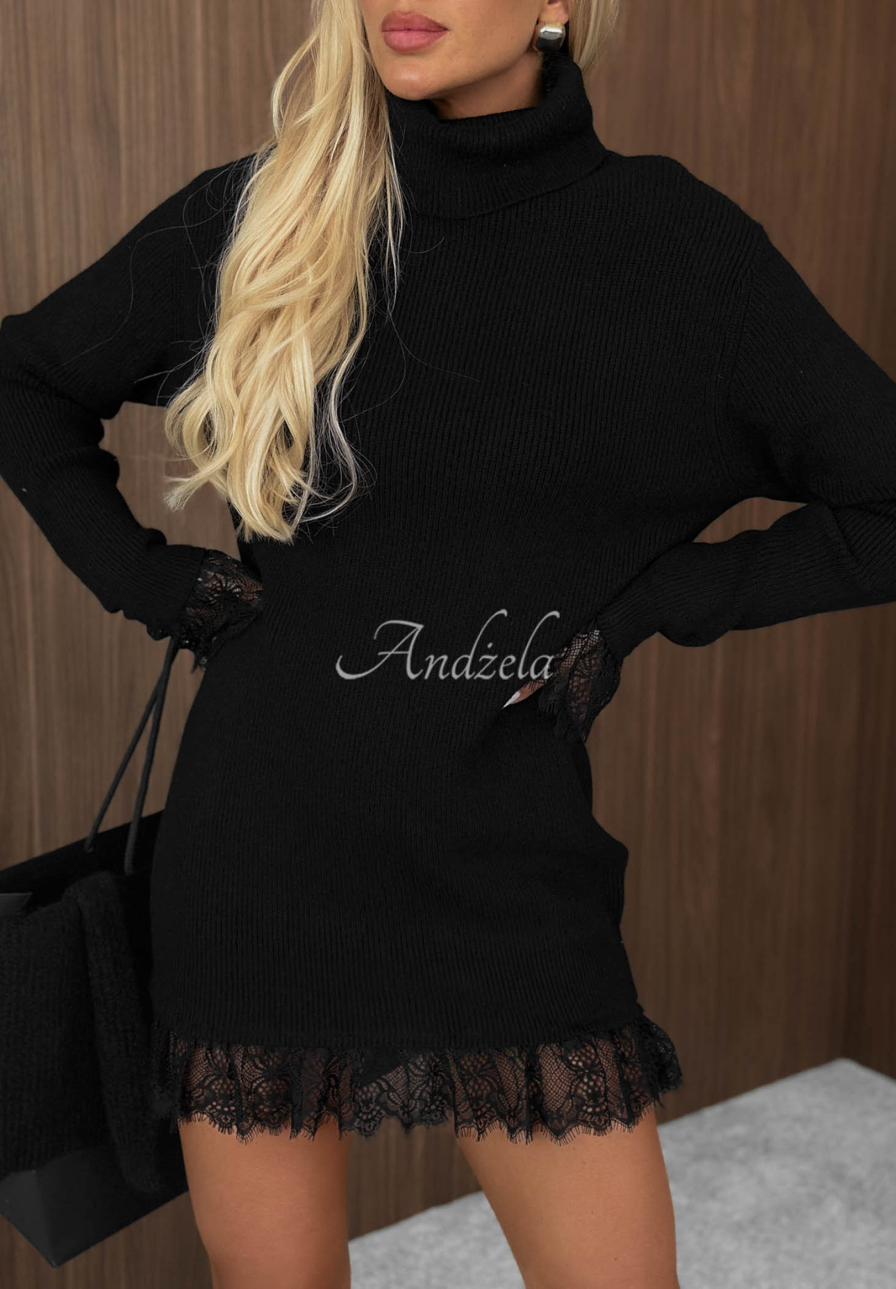 Autumn Spell Black Viscose Sweater Dress with Turtleneck and Lace