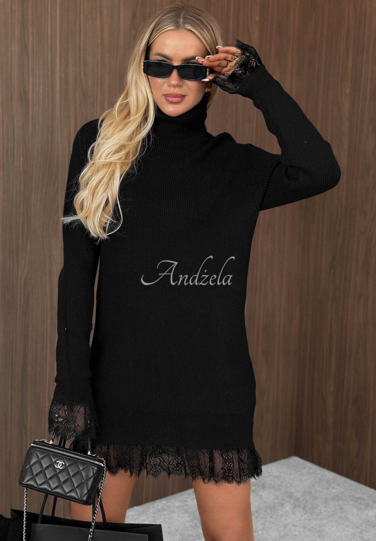 Autumn Spell Black Viscose Sweater Dress with Turtleneck and Lace