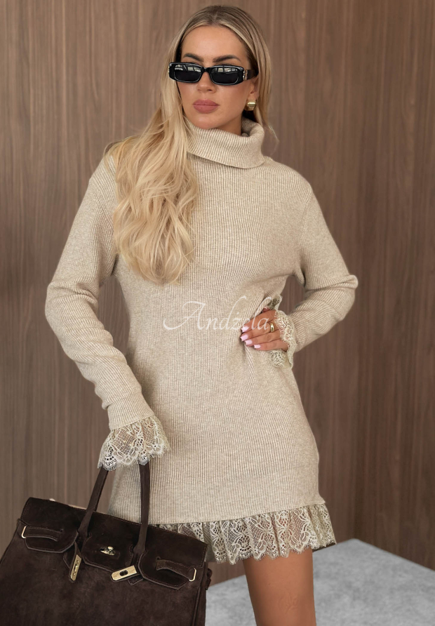 Wiskozowa sukienka sweter z golfem i koronką Autumn Spell beżowa