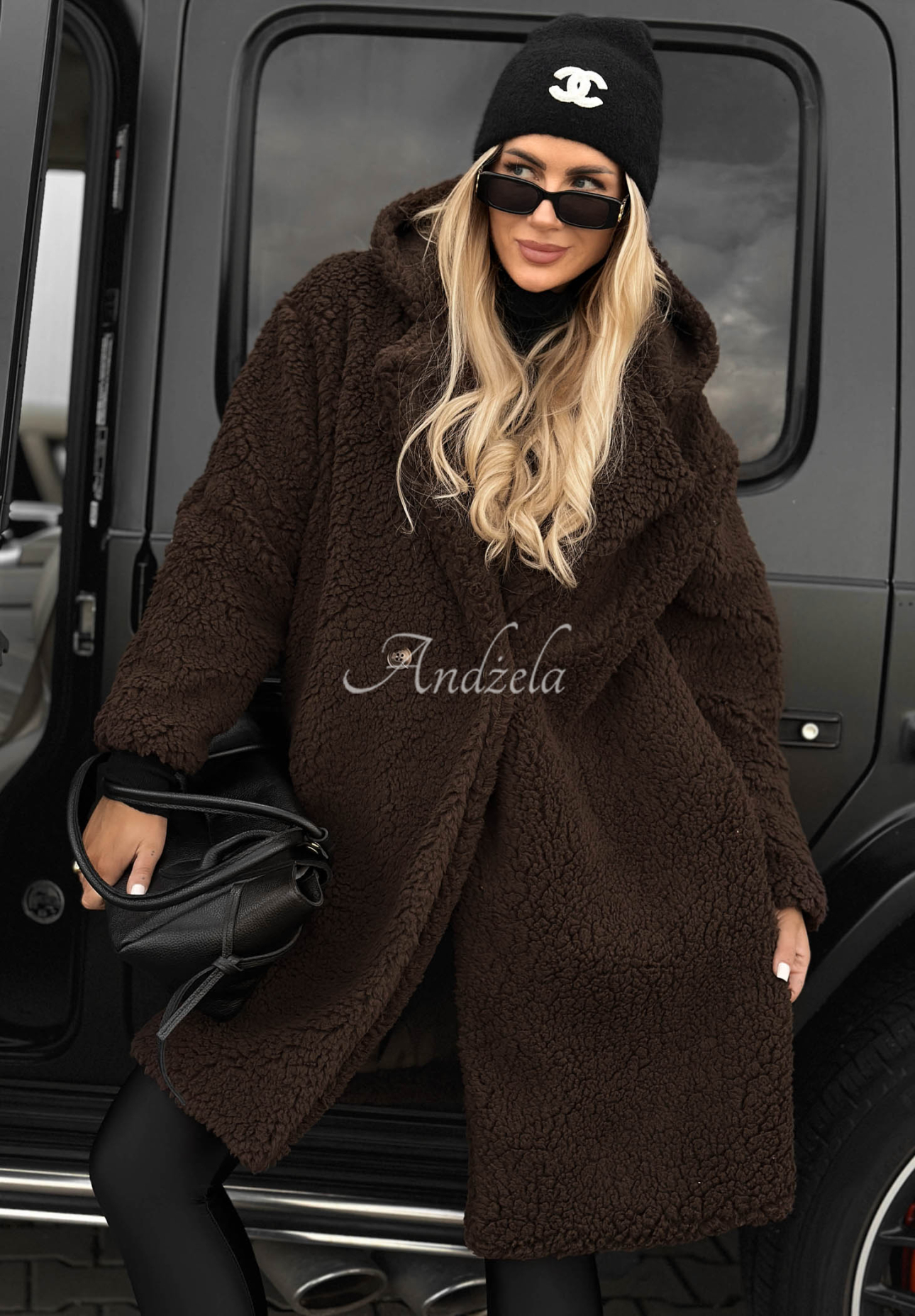 Frost Lady Long Hooded Cotton Sheepskin Coat in Chocolate Brown