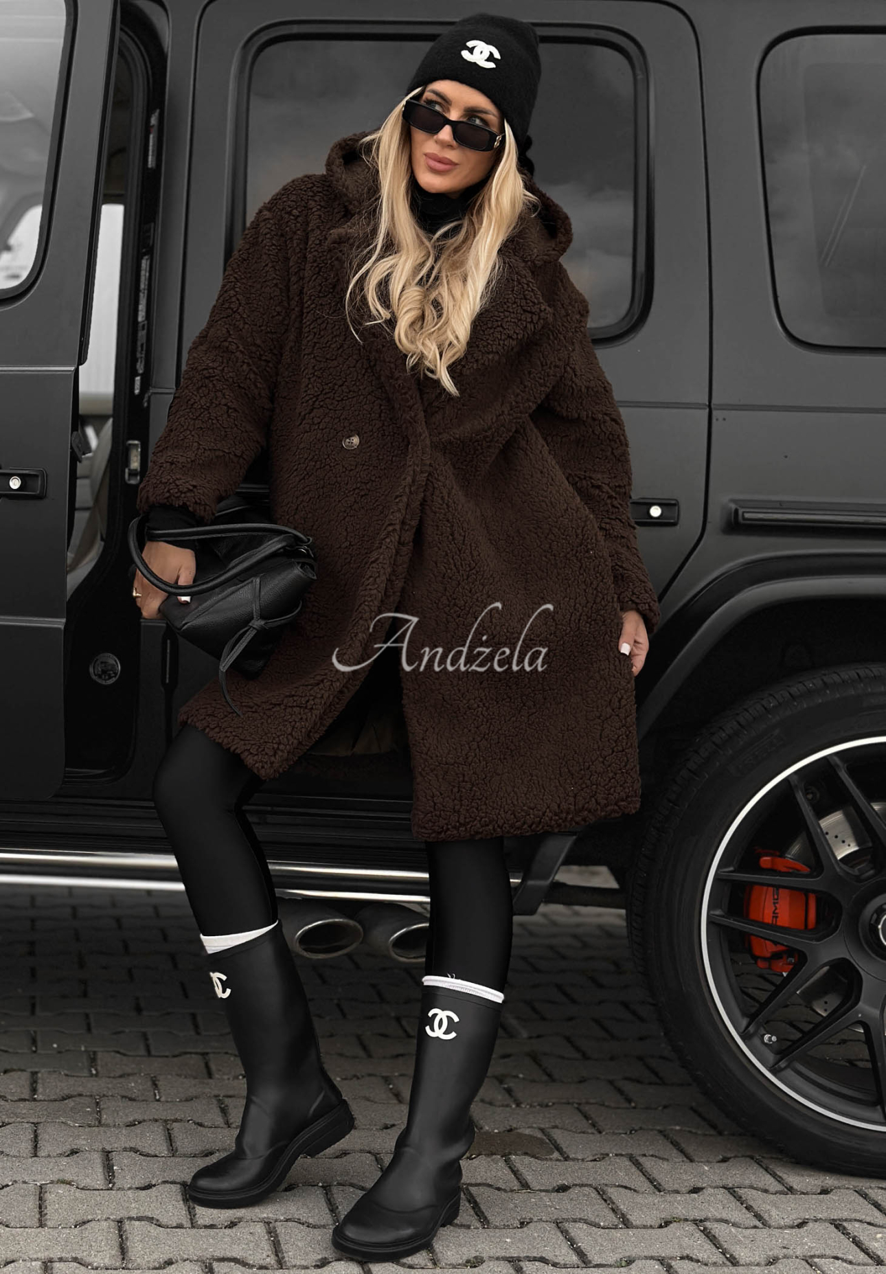 Frost Lady Long Hooded Cotton Sheepskin Coat in Chocolate Brown