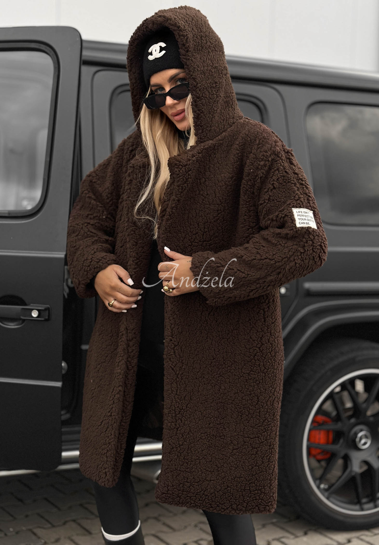 Frost Lady Long Hooded Cotton Sheepskin Coat in Chocolate Brown