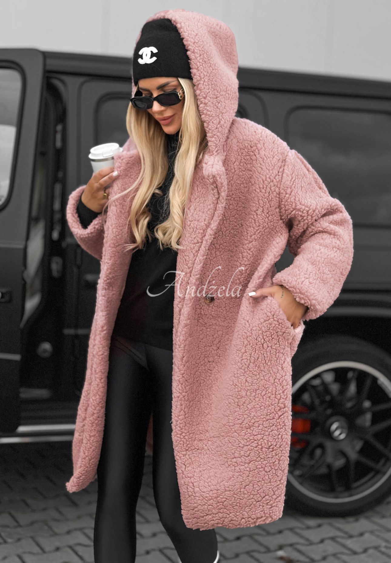 Frost Lady Long Cotton Hooded Shearling Coat in Powder Pink