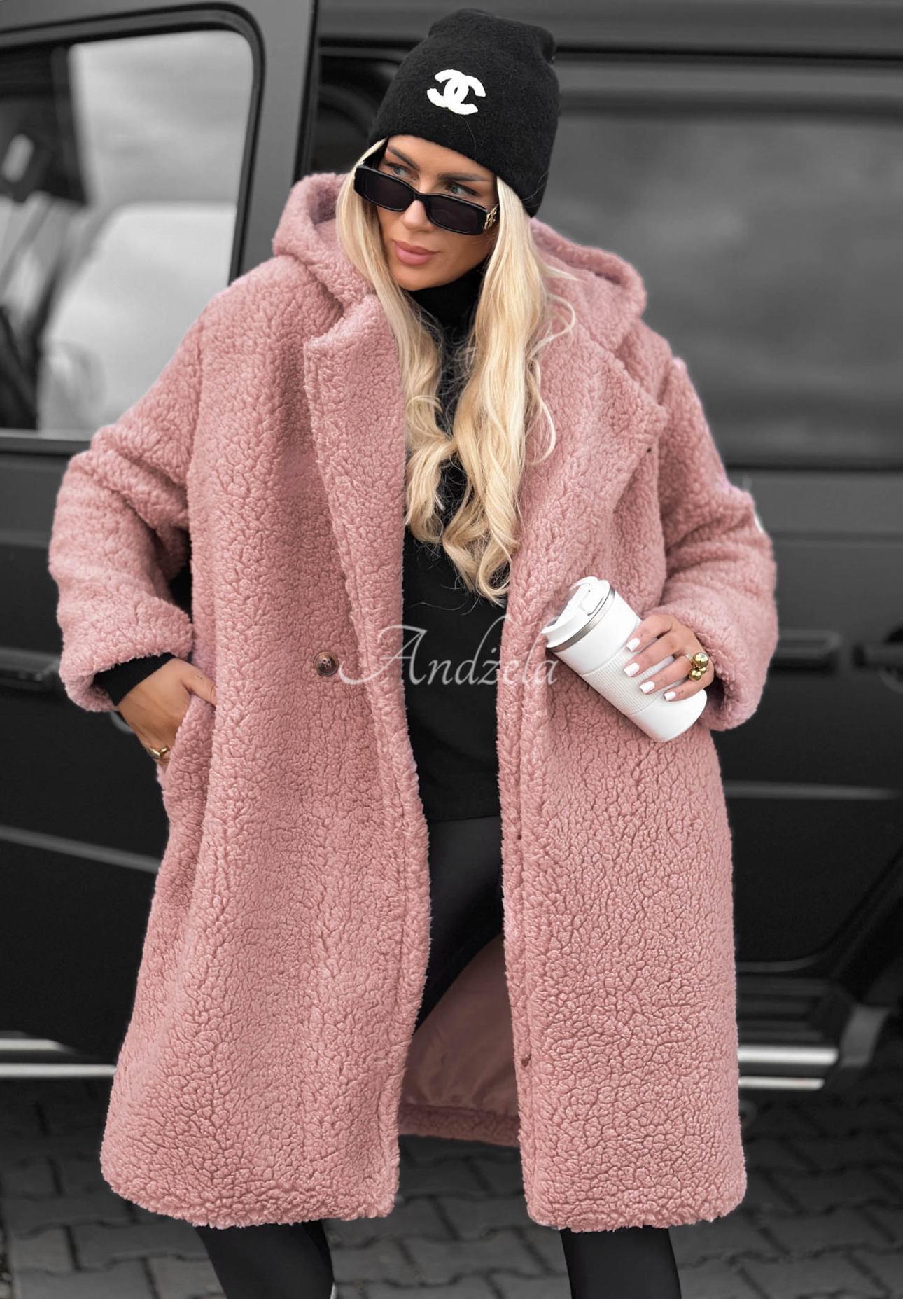 Frost Lady Long Cotton Hooded Shearling Coat in Powder Pink