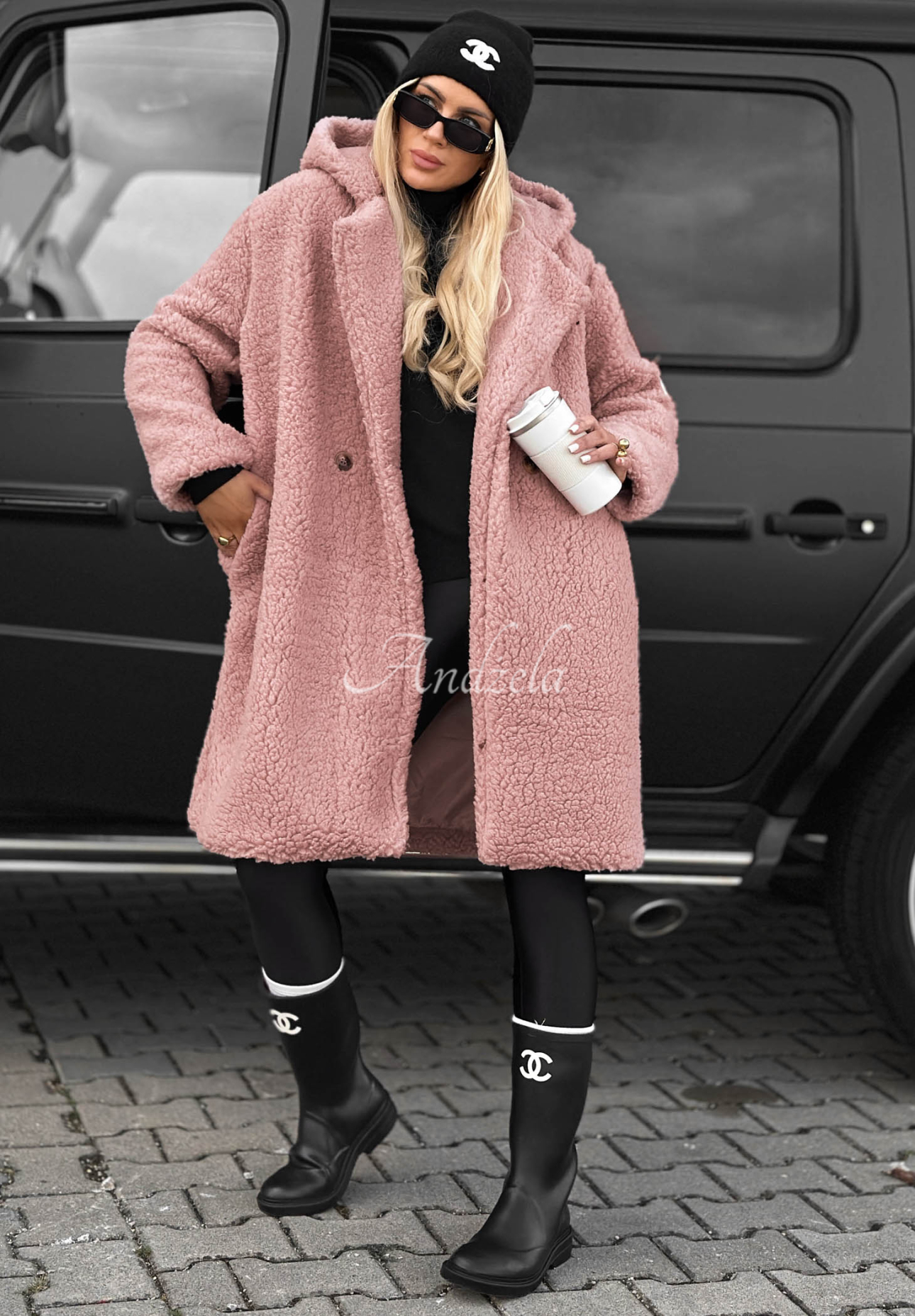 Długi płaszcz kożuszek z kapturem z bawełny Frost Lady pudrowy róż