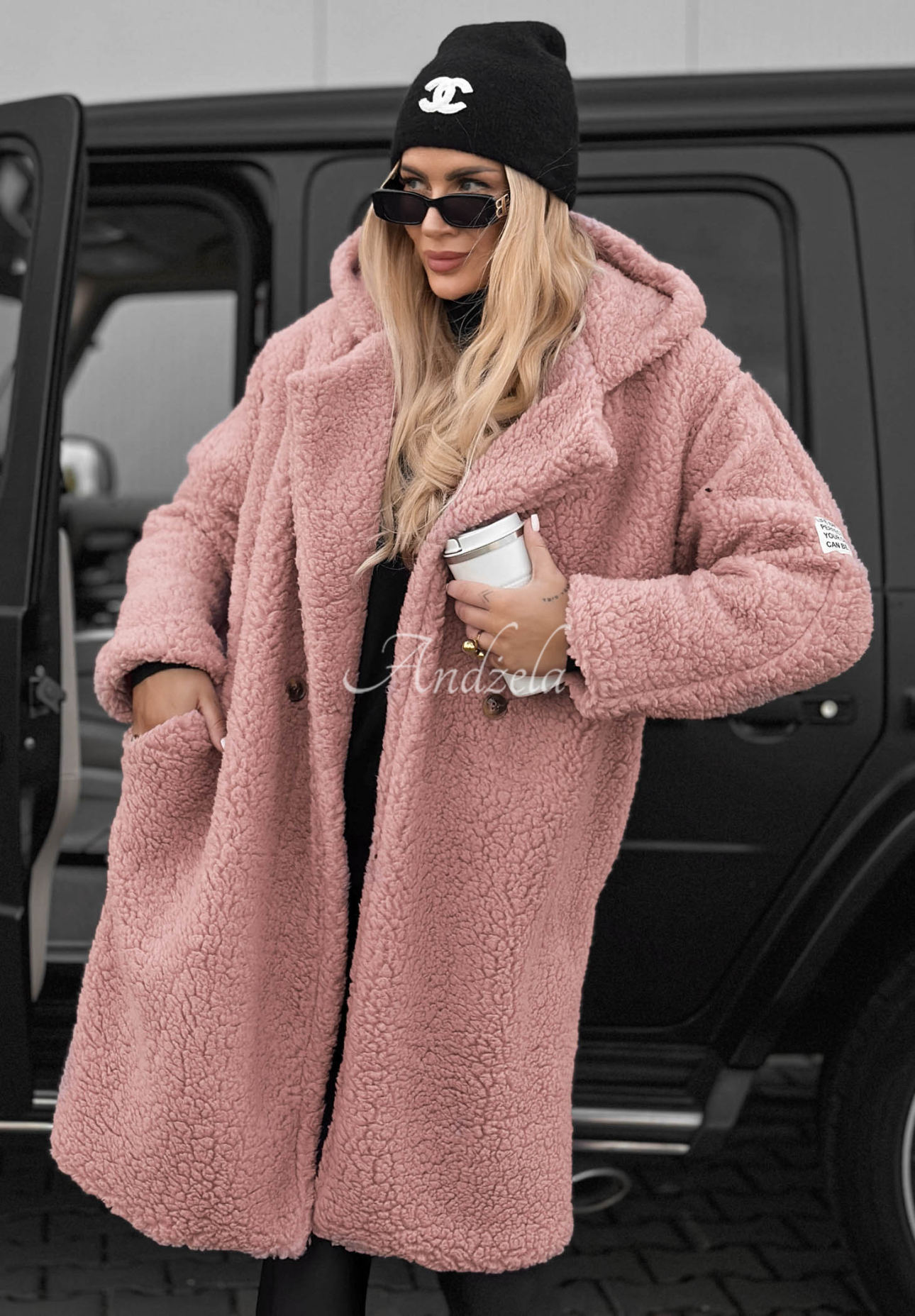 Frost Lady Long Cotton Hooded Shearling Coat in Powder Pink