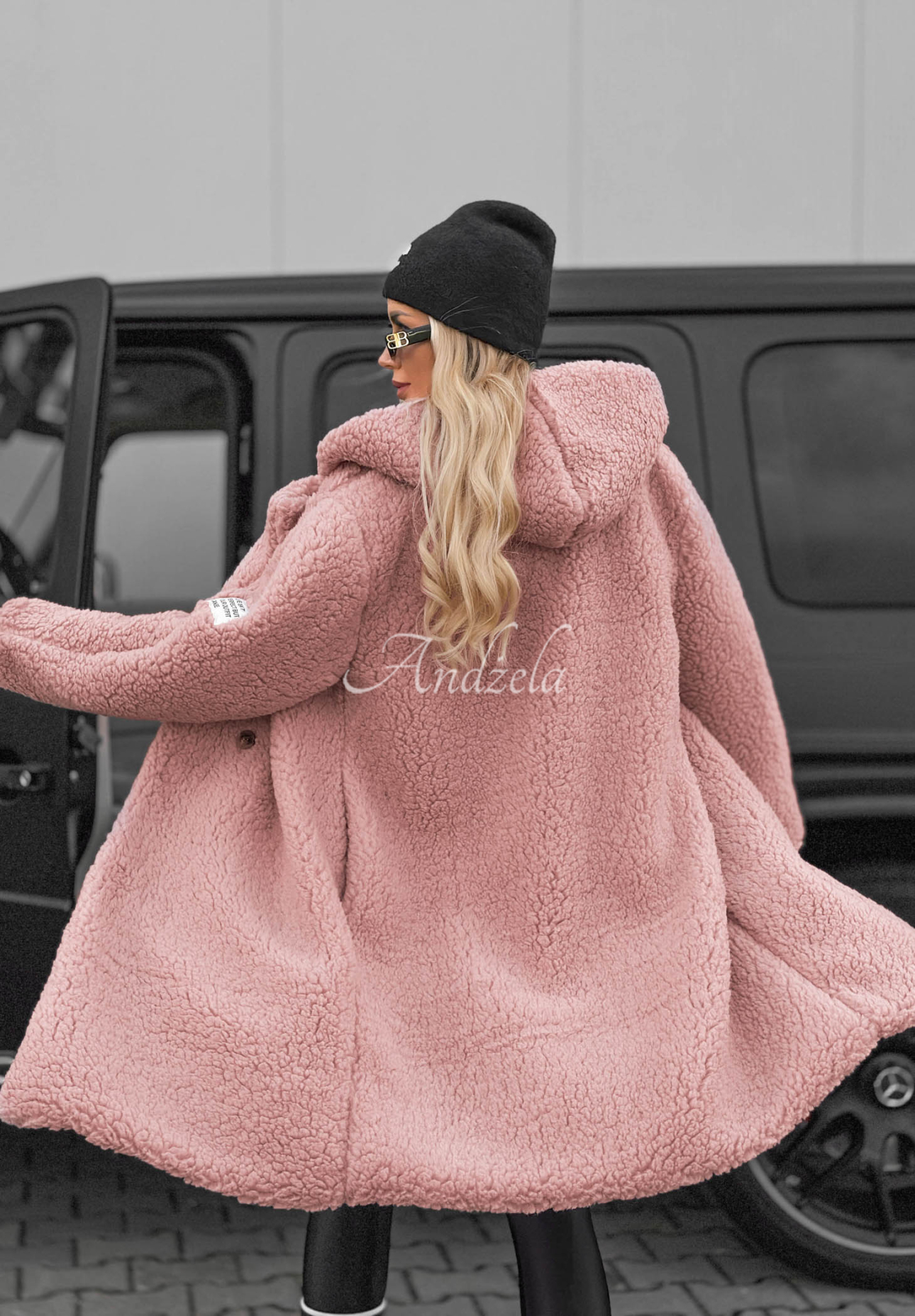 Frost Lady Long Cotton Hooded Shearling Coat in Powder Pink