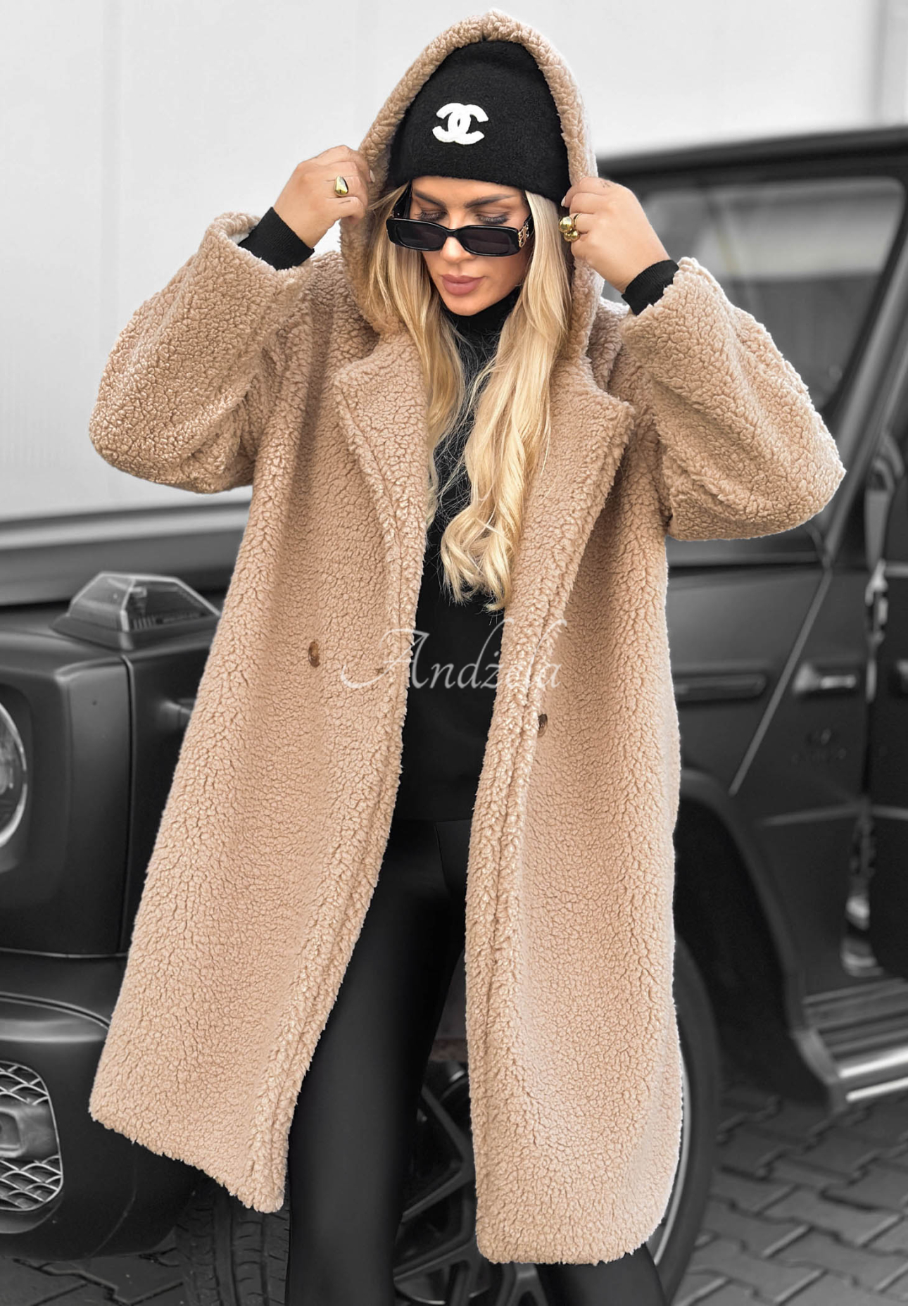 Frost Lady Long Beige Cotton Hooded Sheepskin Coat