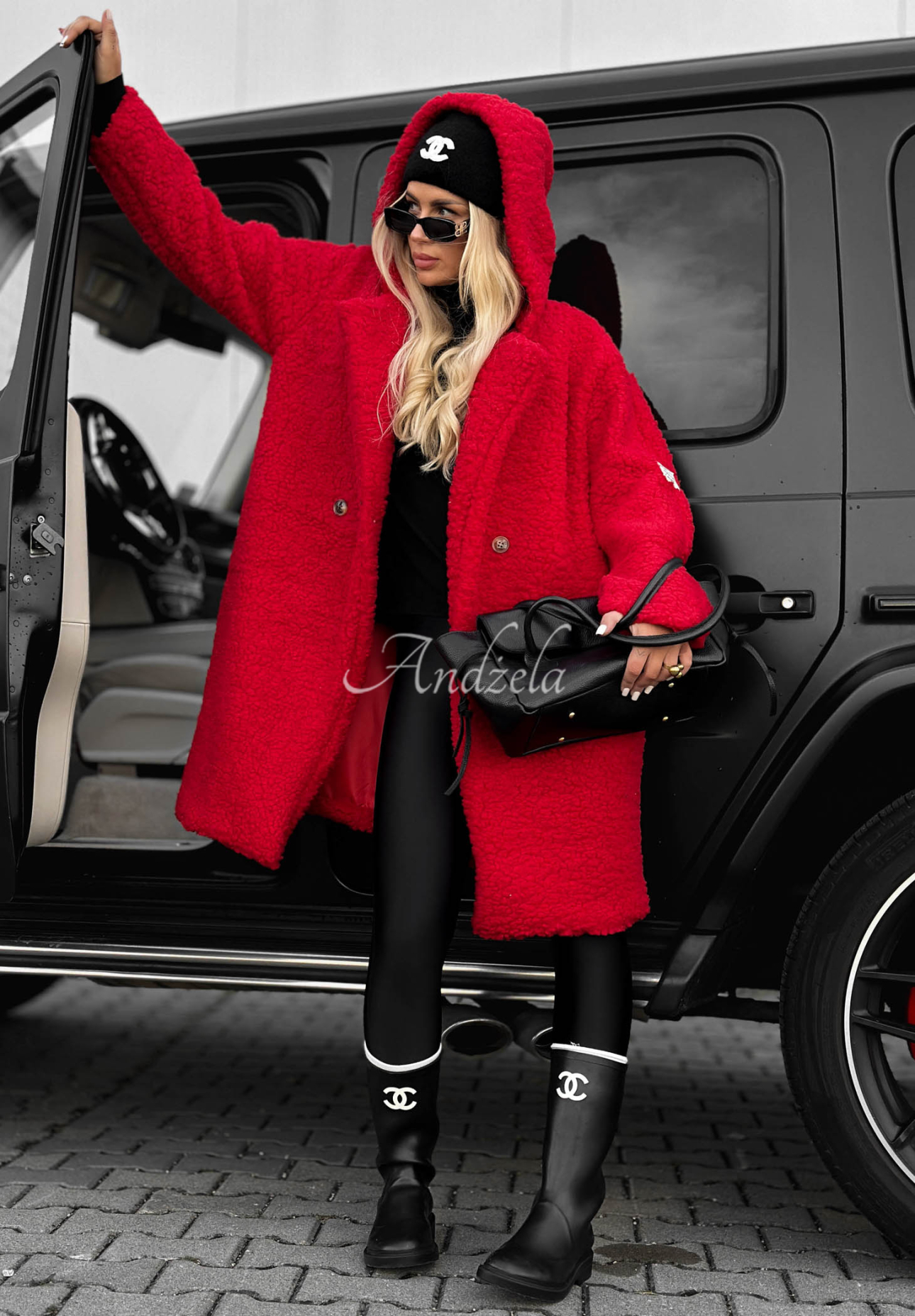 Frost Lady Long Red Cotton Hooded Sheepskin Coat