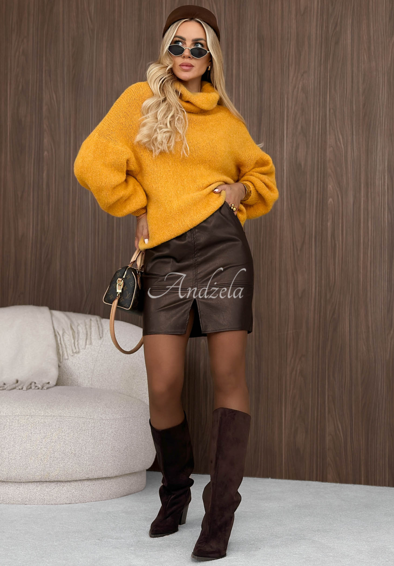 Soft turtleneck sweater made with Home Again baby alpaca yarn in mustard