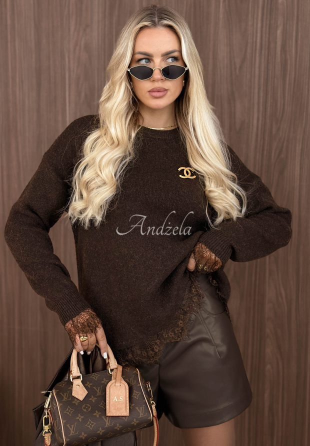 Sweter oversize z wełną i koronką Cozy Softness czekoladowy