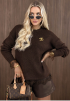 Sweter oversize z koronką Cozy Softness czekoladowy
