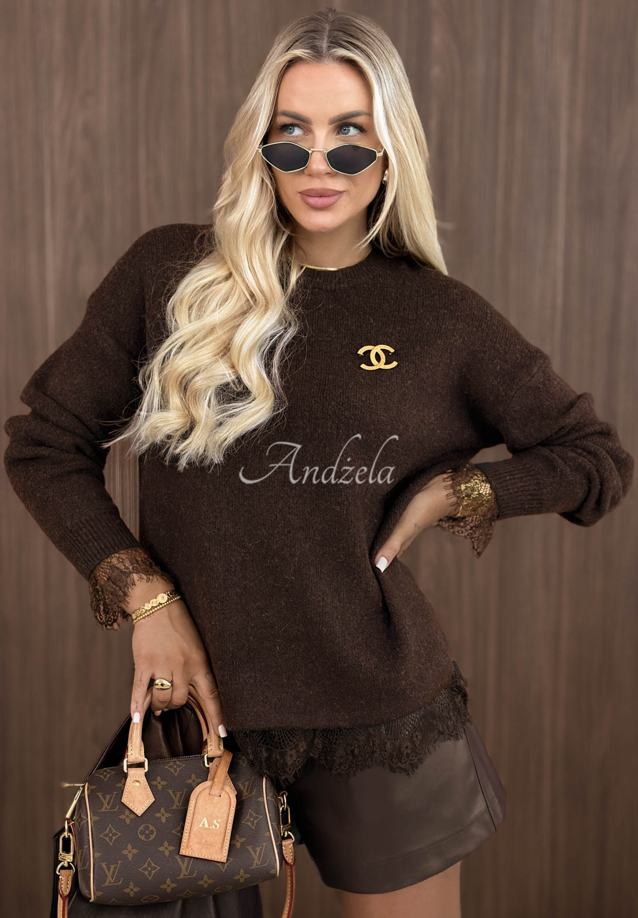 Sweter oversize z wełną i koronką Cozy Softness czekoladowy