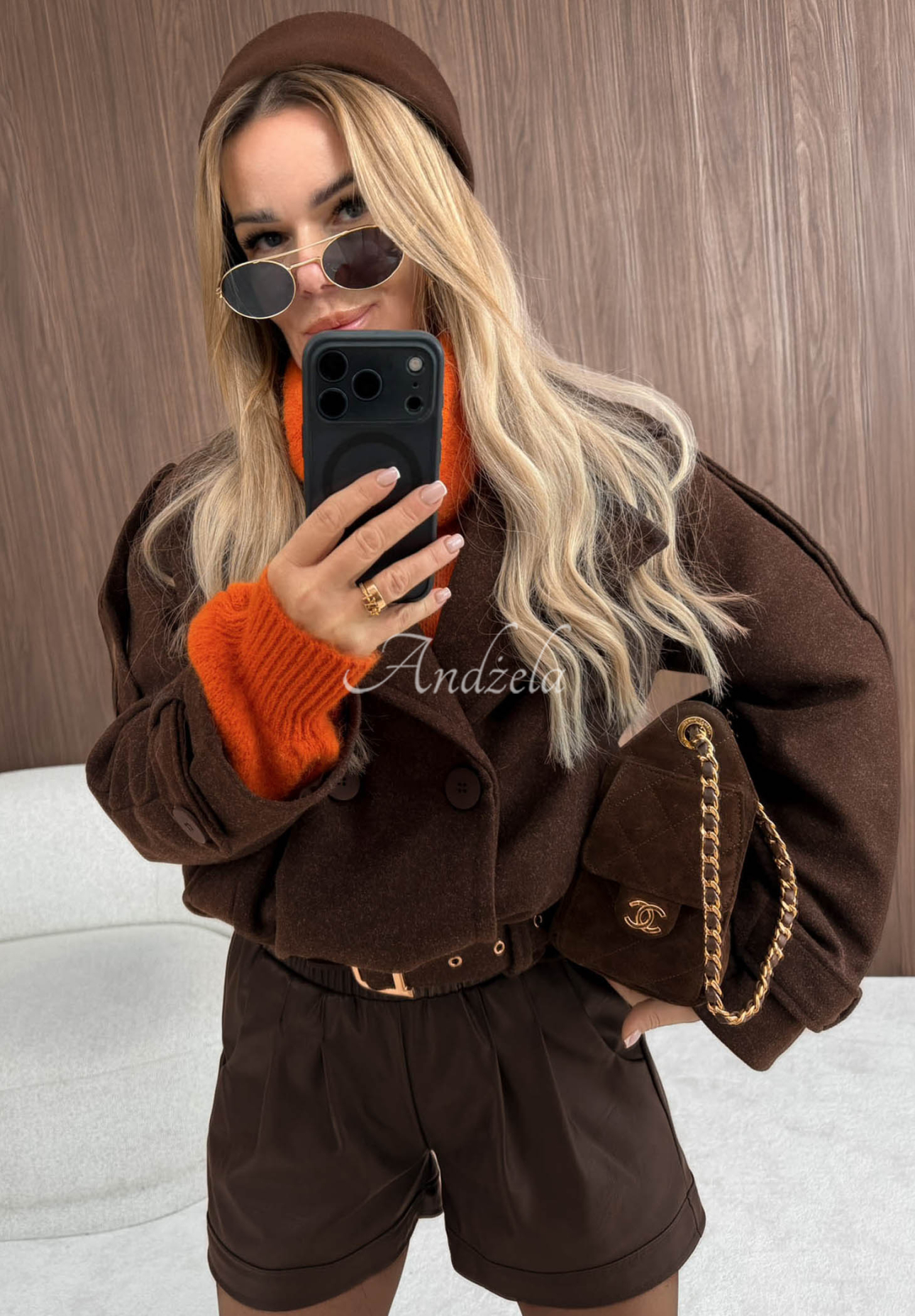 Short coat with a collar, made of Misty October chocolate-colored viscose