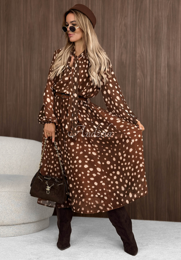 Sukienka midi z wiązaniem w zwierzęcy print Sunday Muse camelowa