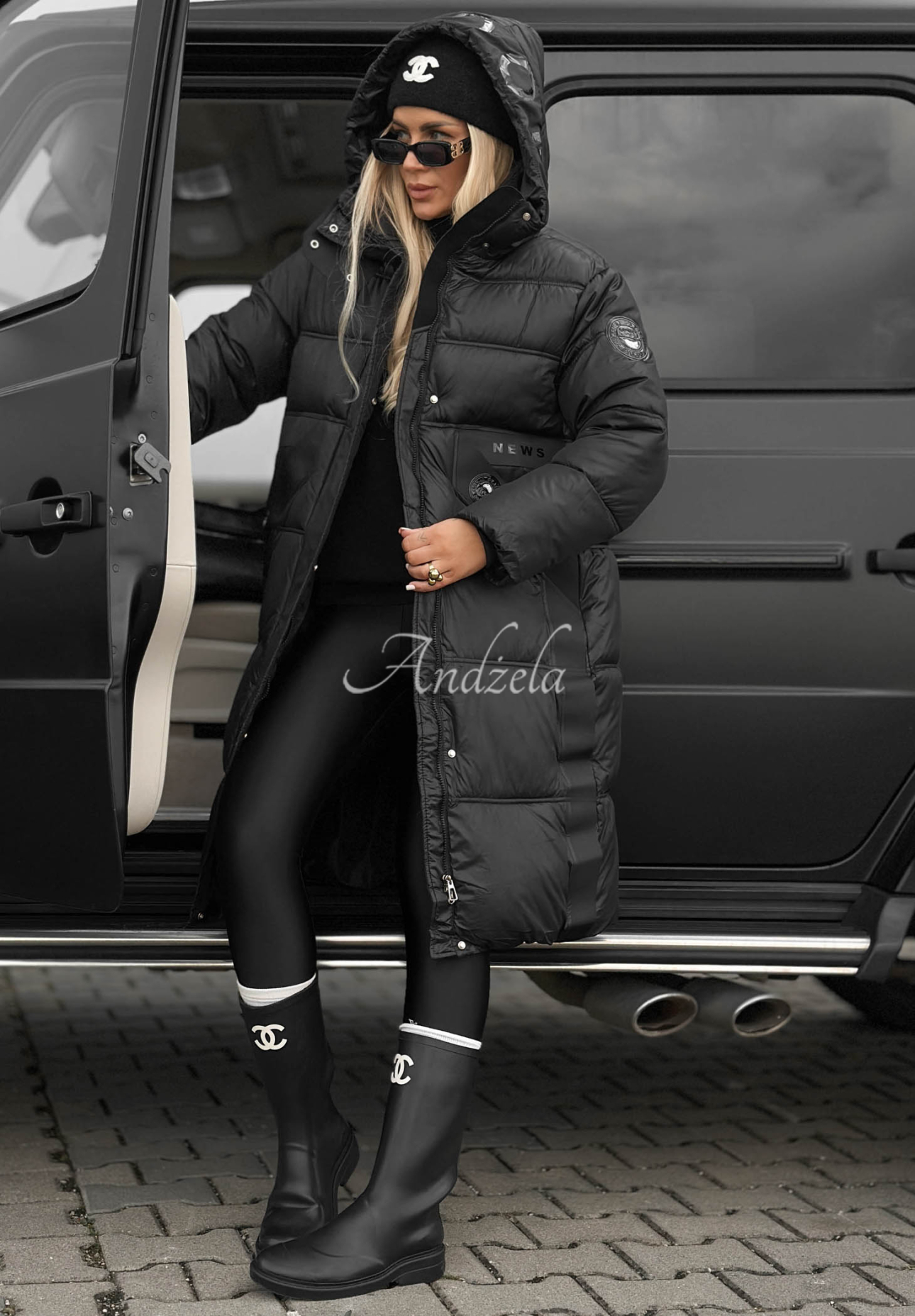 Forest Essence Long Quilted Hooded Jacket, Black