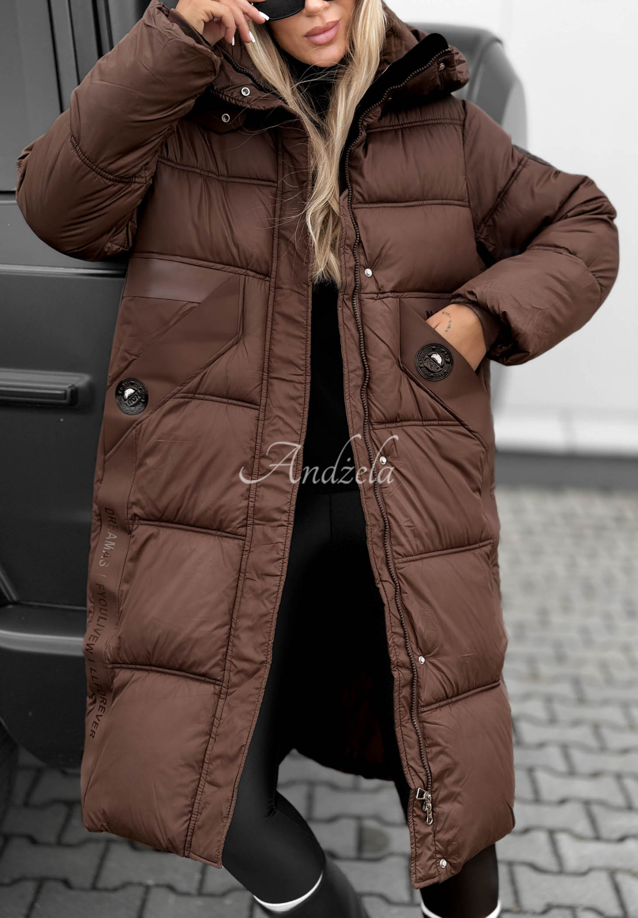 Forest Essence Long Quilted Hooded Jacket in Chocolate Brown
