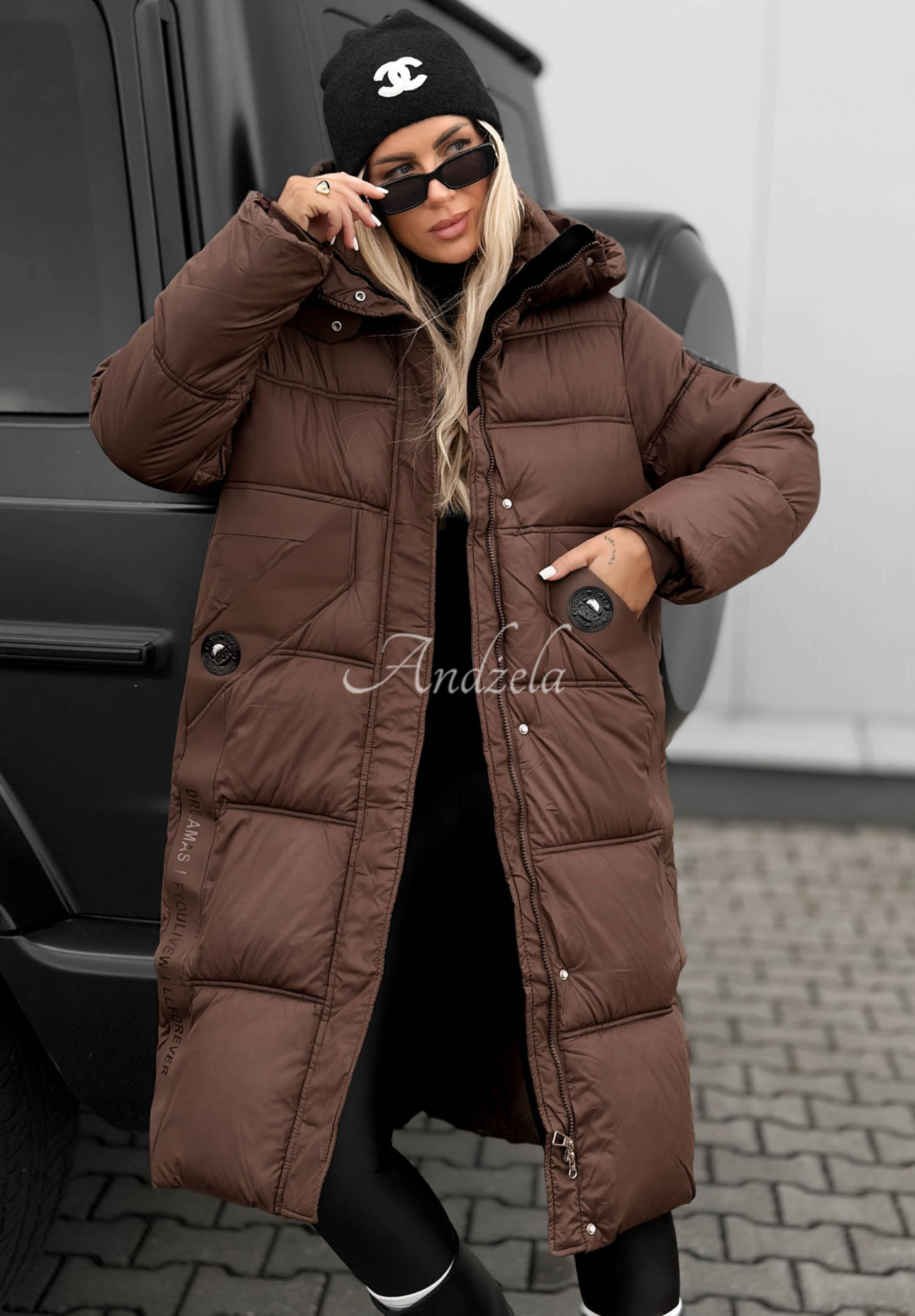 Forest Essence Long Quilted Hooded Jacket in Chocolate Brown