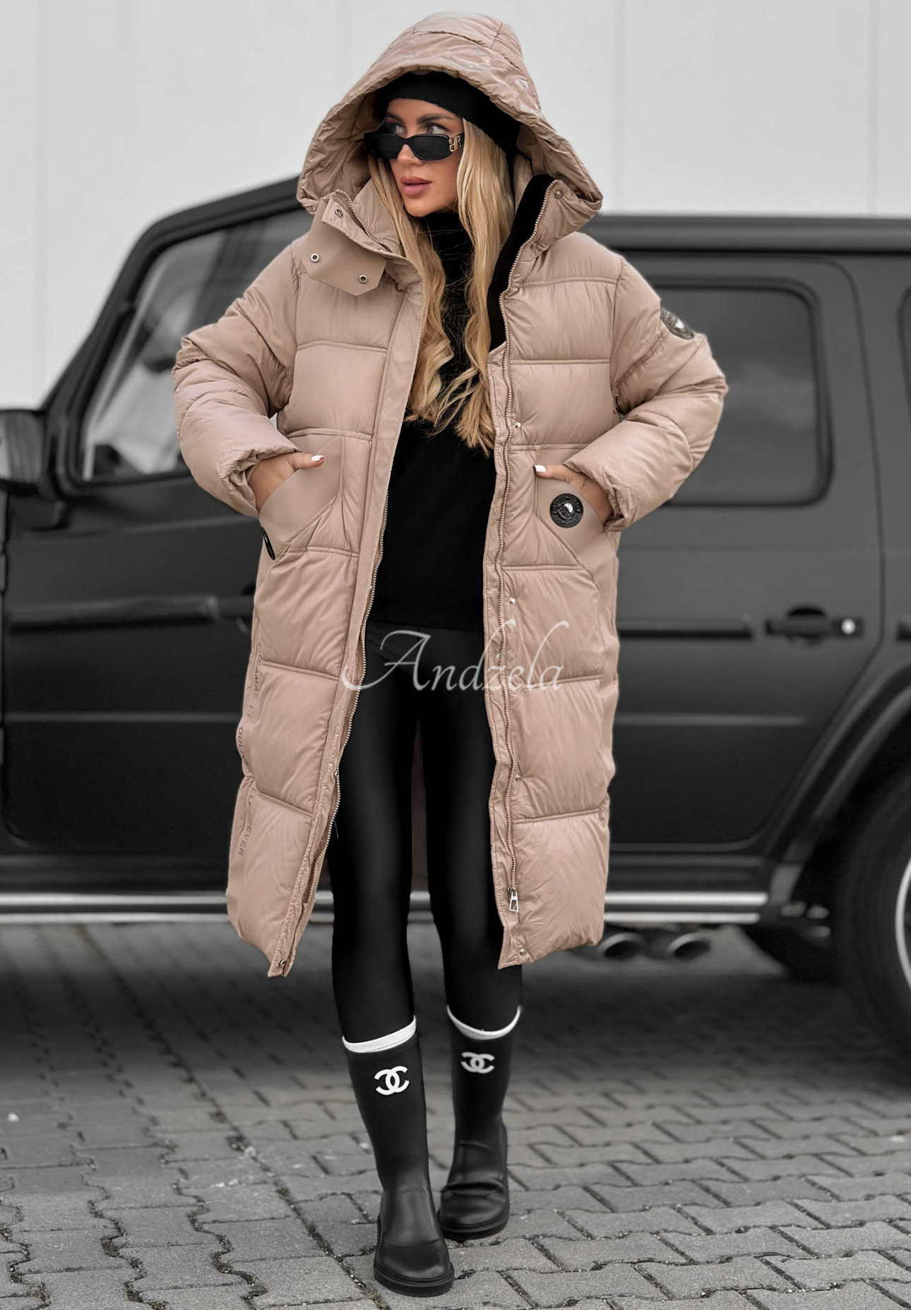 Forest Essence Long Quilted Hooded Jacket, Beige