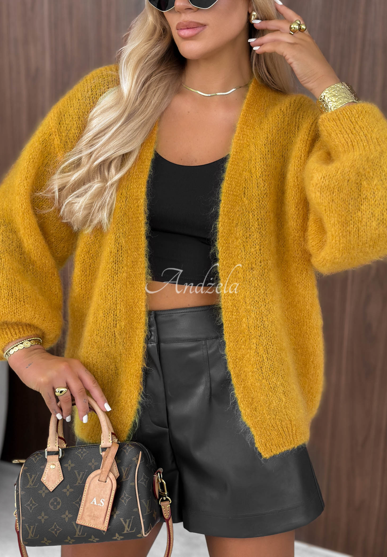 Moherowy kardigan oversize bez zapięcia Cozy Latte musztardowy