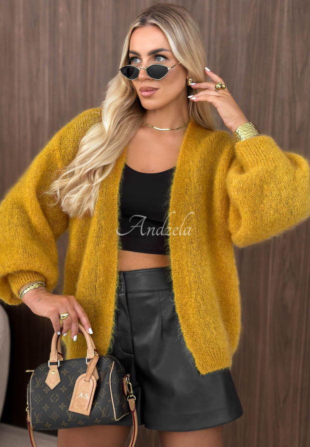 Cozy Latte Mustard-Colored Oversized Open-Front Mohair Cardigan