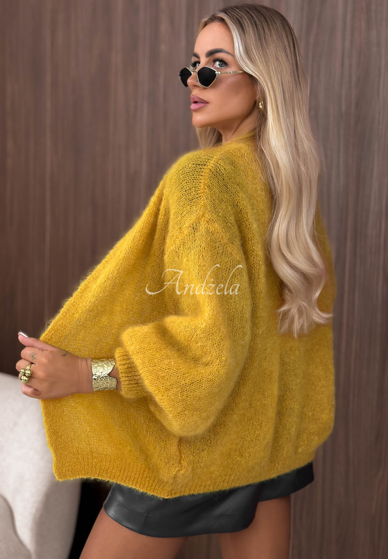 Moherowy kardigan oversize bez zapięcia Cozy Latte musztardowy