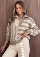 Sweter w paski z rozpinanym kołnierzem Cozy Stripe beżowy