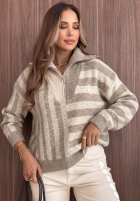 Sweter w paski z rozpinanym kołnierzem Cozy Stripe beżowy