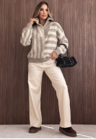 Sweter w paski z rozpinanym kołnierzem Cozy Stripe beżowy