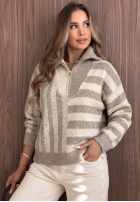 Sweter w paski z rozpinanym kołnierzem Cozy Stripe beżowy