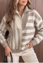 Sweter w paski z rozpinanym kołnierzem Cozy Stripe beżowy