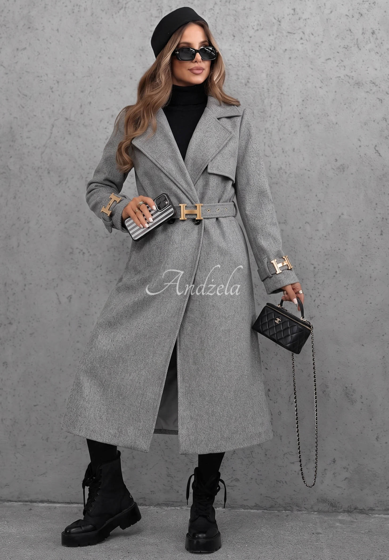 Hazel Heart Long Coat with Belt, Gray