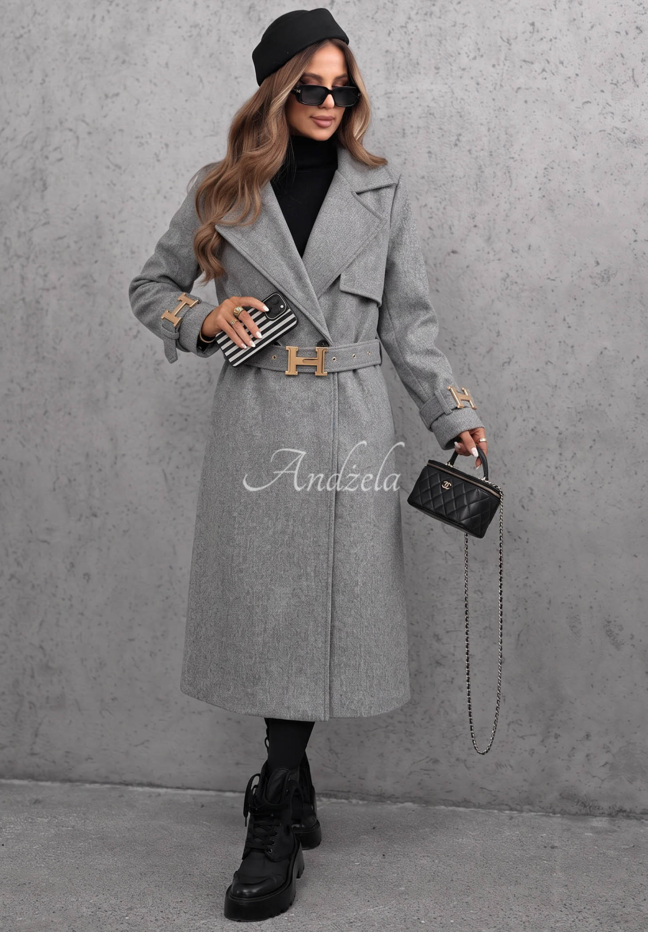 Hazel Heart Long Coat with Belt, Gray
