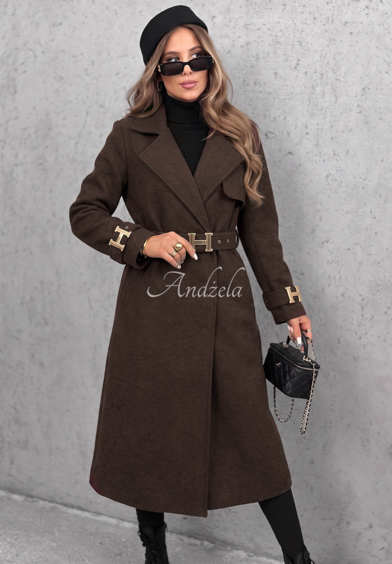 Hazel Heart Long Coat with Belt, Chocolate Brown