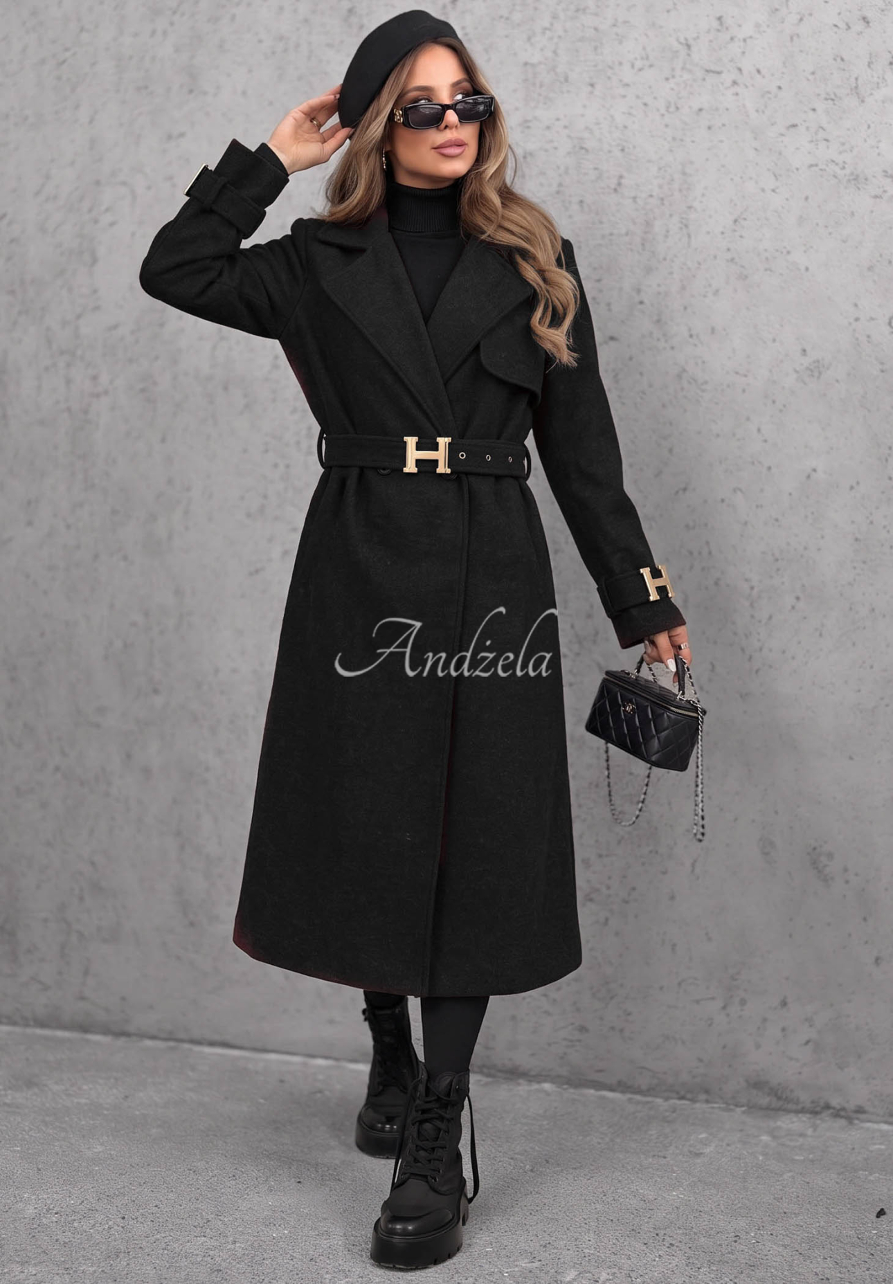Hazel Heart Long Coat with Belt, Black
