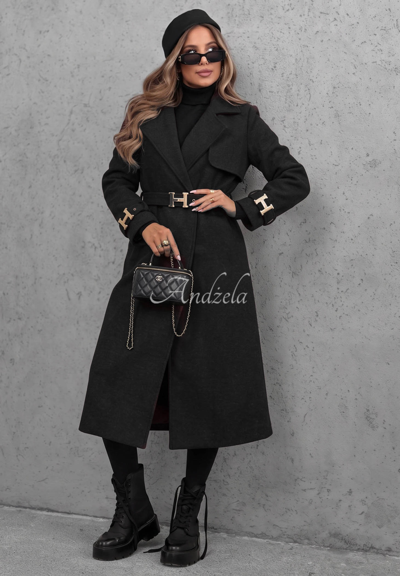 Hazel Heart Long Coat with Belt, Black