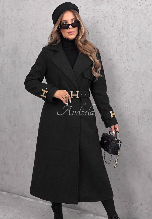 Hazel Heart Long Coat with Belt, Black