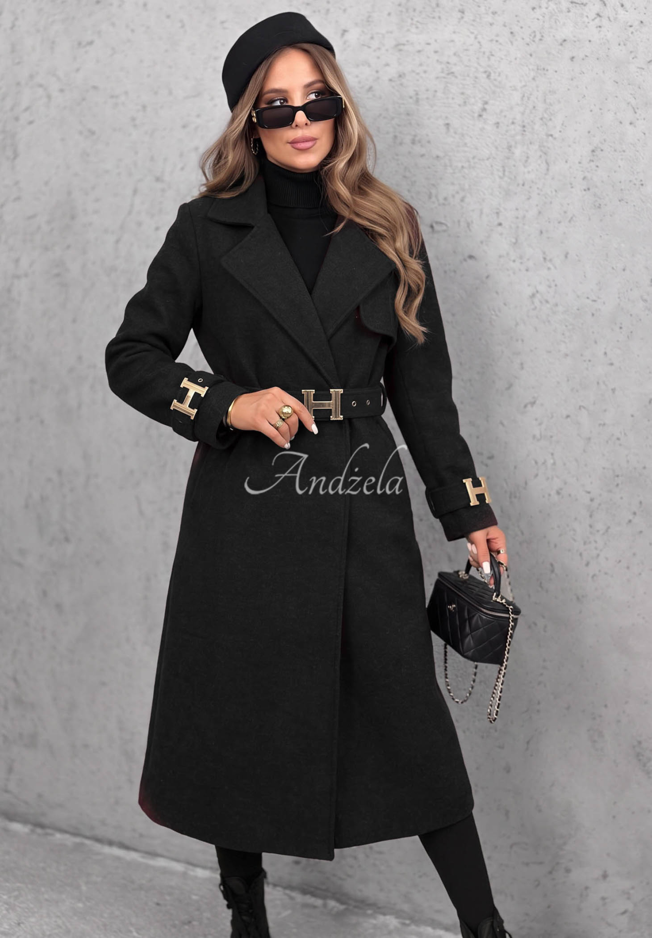 Hazel Heart Long Coat with Belt, Black