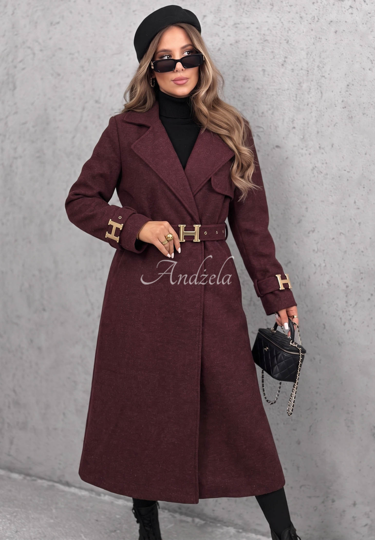 Hazel Heart Long Coat with Belt, Burgundy