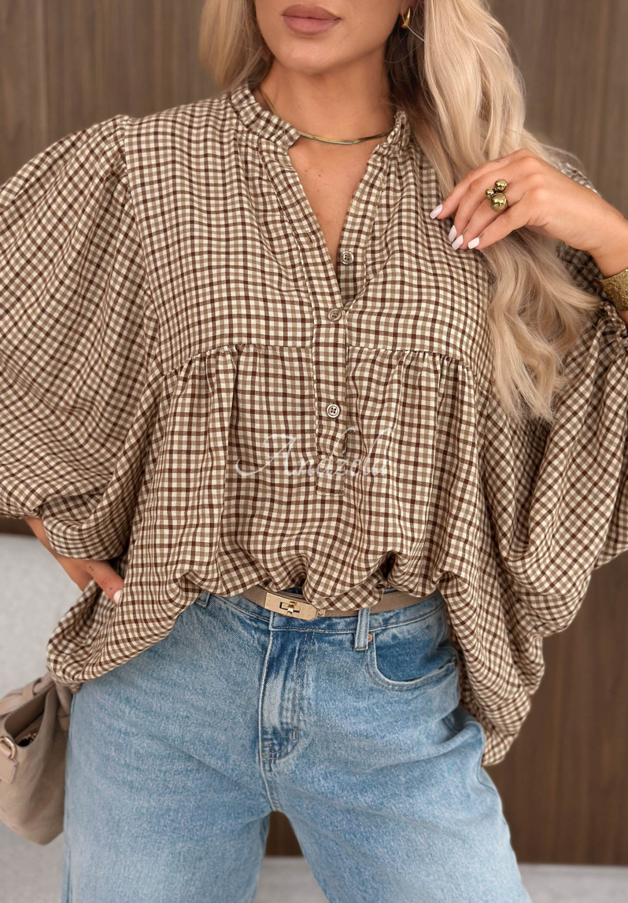 Oversized Checkered Shirt with Cotton by Cinnamon Sugar in Beige