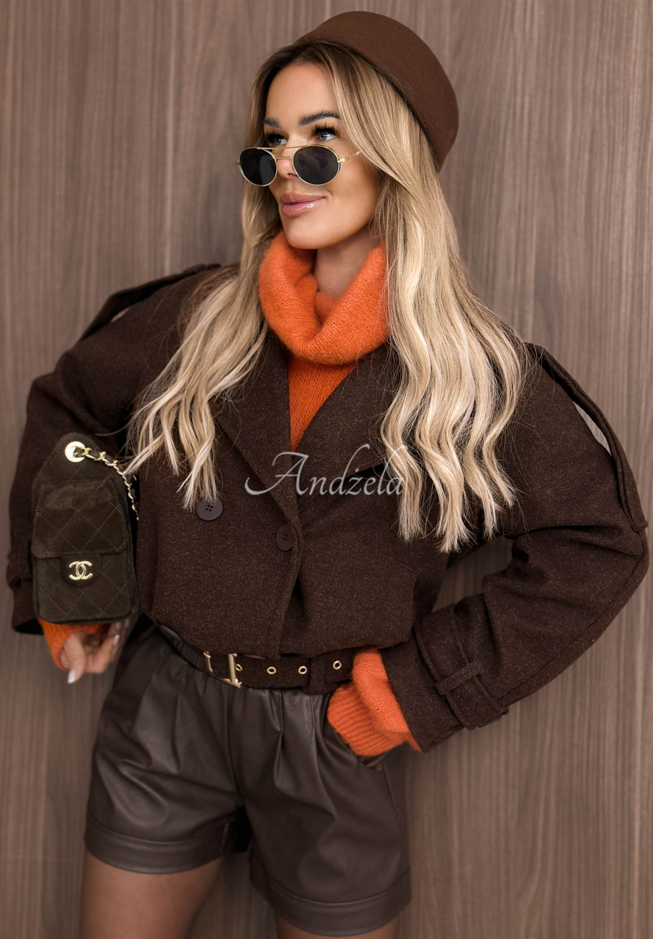 Short coat with a collar, made of Misty October chocolate-colored viscose