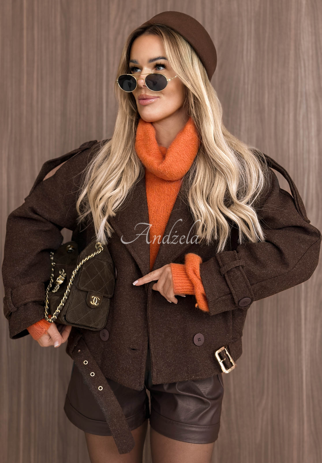 Short coat with a collar, made of Misty October chocolate-colored viscose