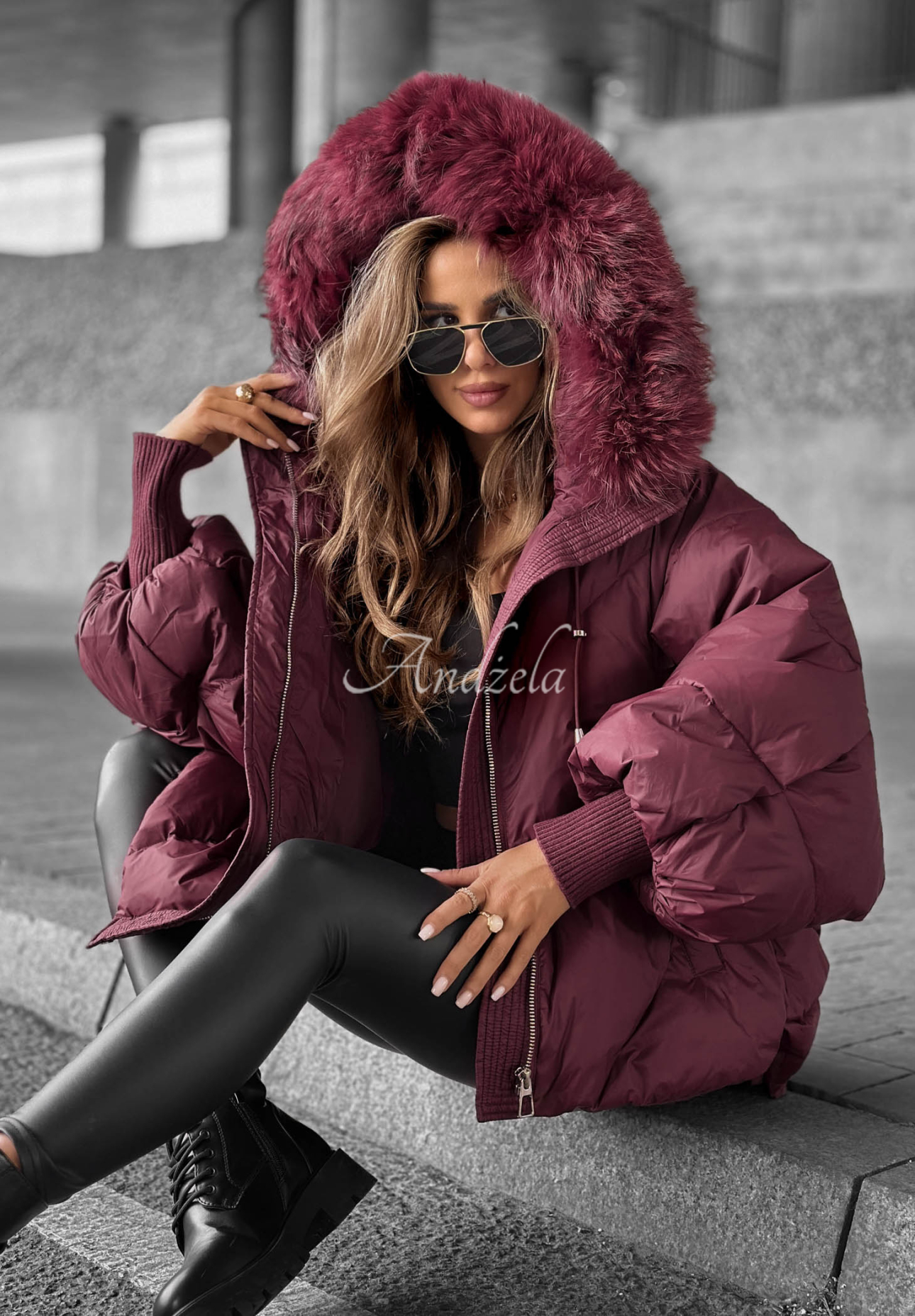 Down hooded jacket Look Again burgundy