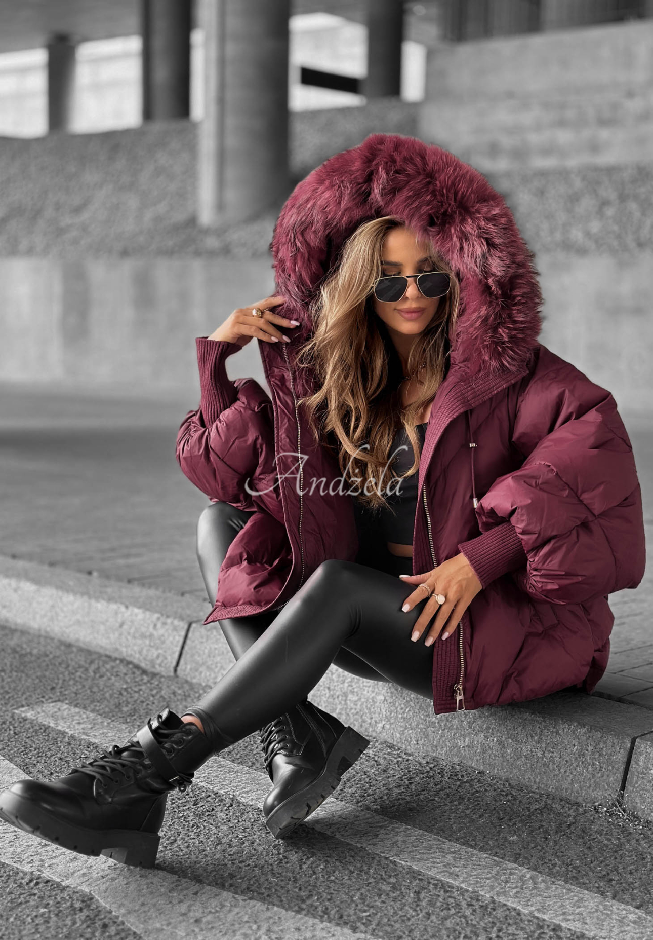 Down hooded jacket Look Again burgundy