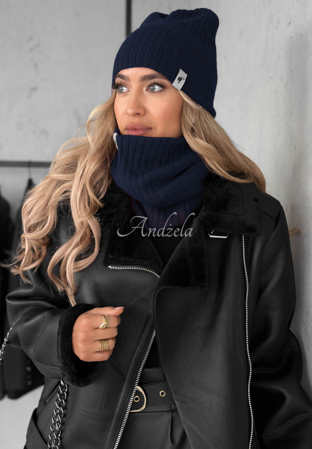 Line Ribbed Scarf, Navy Blue