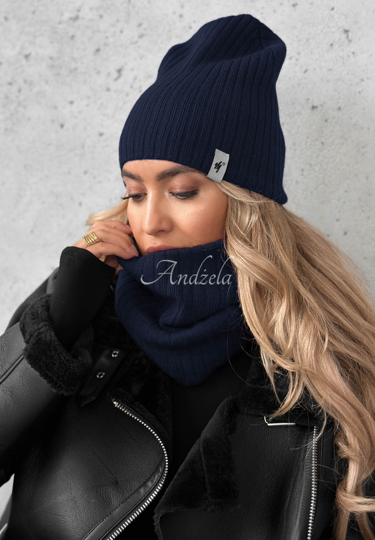 Line Ribbed Scarf, Navy Blue